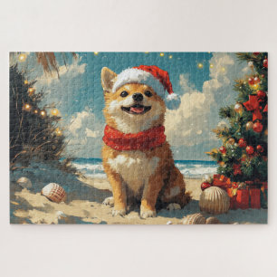 Shiba Inu Dog Christmas Vintag Beach Puzzle