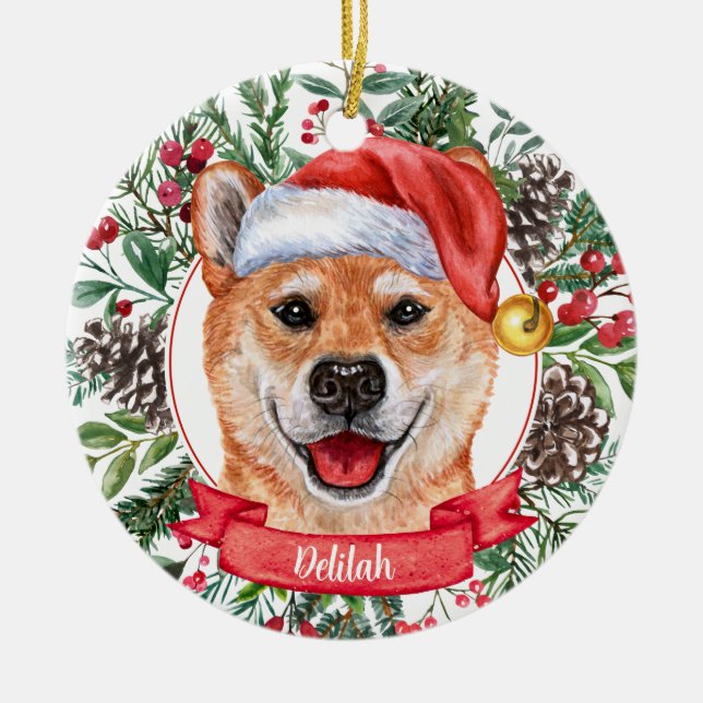 Shiba Inu Dog Custom Weihnachtsmannmütze Weihnacht Keramik Ornament (Vorne)