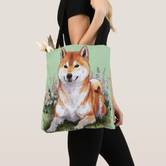 Shiba Inu Dog Green Tote Bag Wasserfarbe Kunst