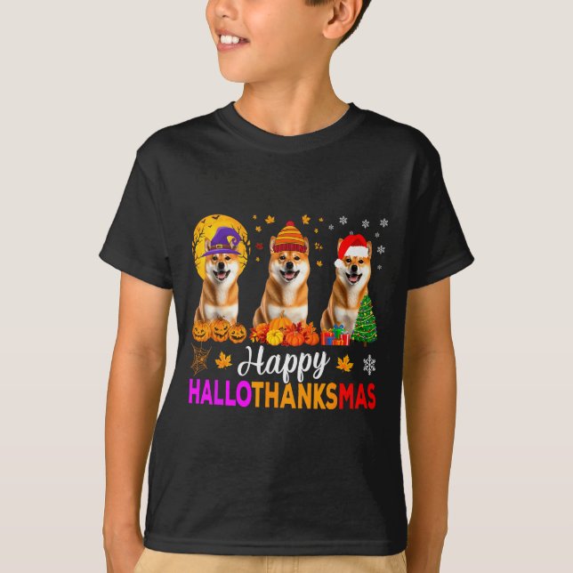 Shiba Inu Dog Halloween Christmas Hallothanksmas  T-Shirt (Vorderseite)