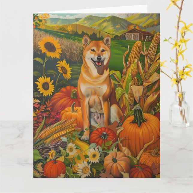 Shiba Inu Dog Herbsternte Erntedank Karte (Gelbe Blume)