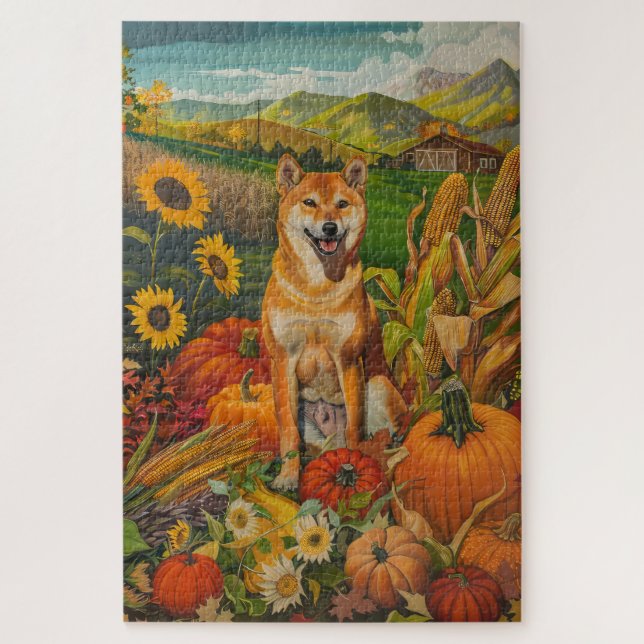 Shiba Inu Dog Herbsternte Erntedank Puzzle (Vertikal)