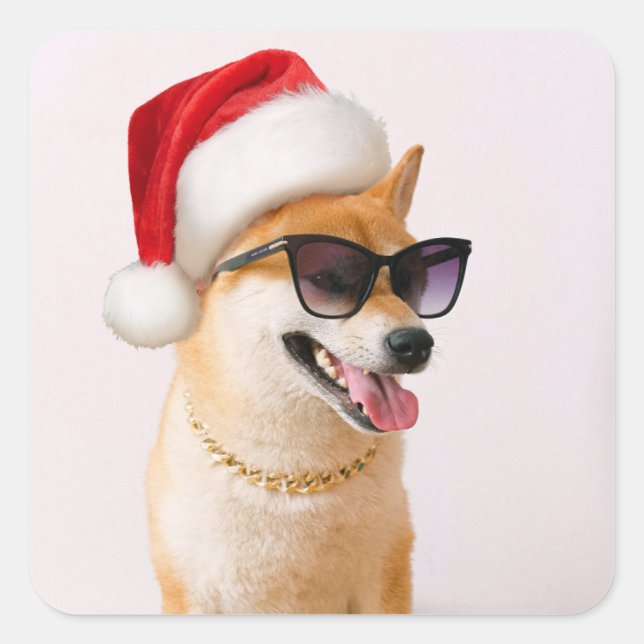 Shiba Inu dog in Santa Claus red hats Quadratischer Aufkleber (Vorderseite)