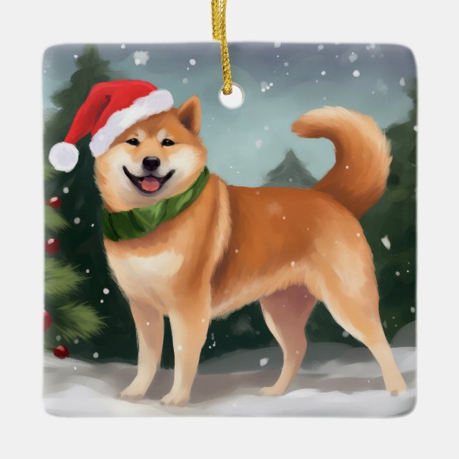 Shiba Inu Dog in Schnee Weihnachten Keramikornament (Vorderseite)