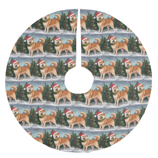 Shiba Inu Dog in Schnee Weihnachten Polyester Weihnachtsbaumdecke (Vorderseite)
