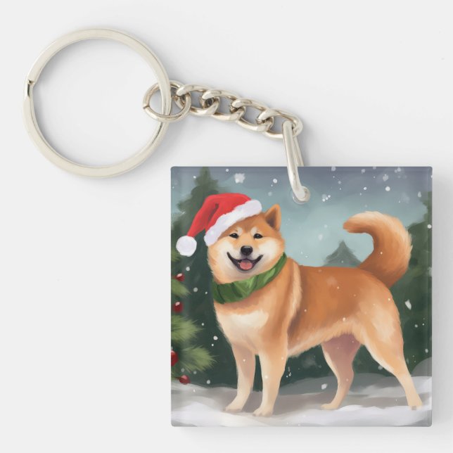 Shiba Inu Dog in Schnee Weihnachten Schlüsselanhänger (Vorderseite)