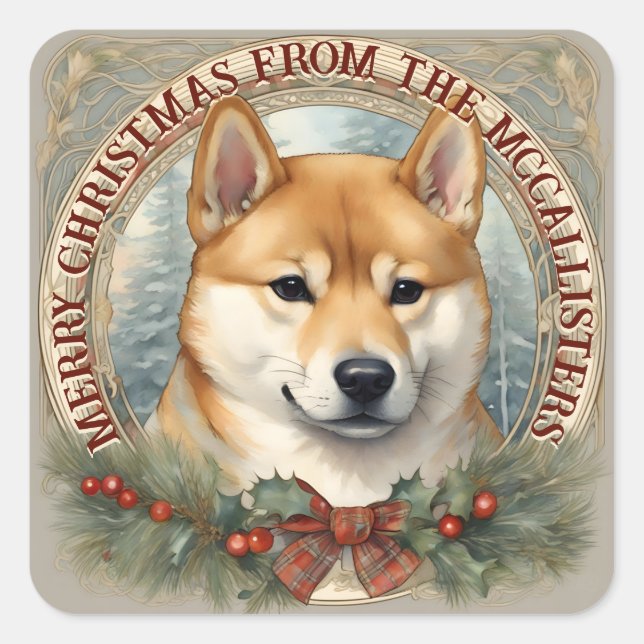 Shiba Inu Dog Personalisierter Weihnachtskartensti Quadratischer Aufkleber (Vorderseite)