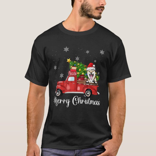 Shiba Inu Dog Riding Red Truck Weihnachten T-Shirt (Vorderseite)