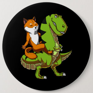 Shiba Inu Dog Riding T-Rex Dinosaur Button