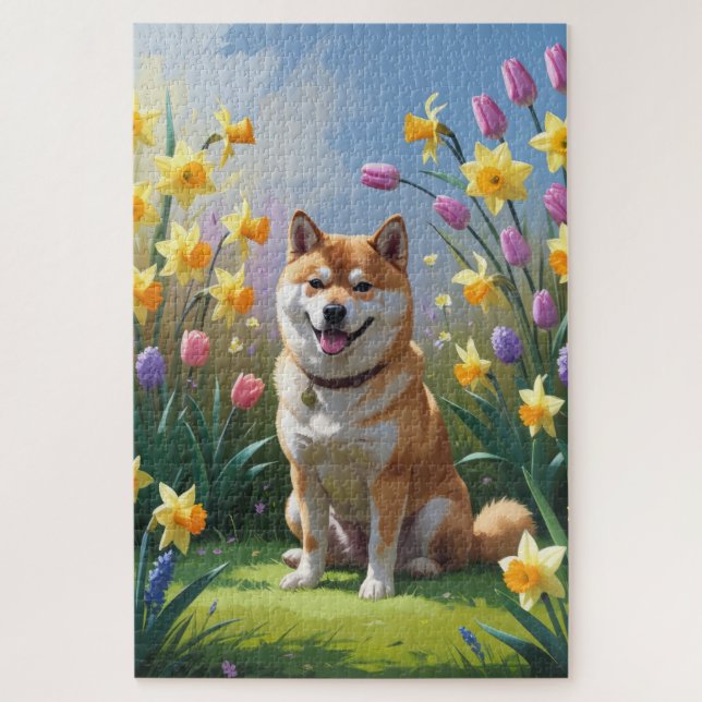Shiba Inu Dog Spring Flowers Malerei Puzzle (Vertikal)