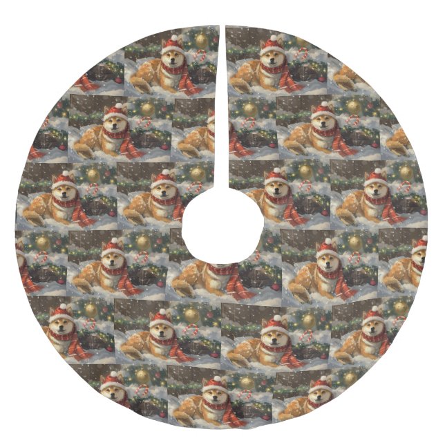 Shiba Inu Dog Weihnachtsfest Polyester Weihnachtsbaumdecke (Vorderseite)