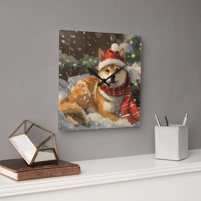 Shiba Inu Dog Weihnachtsfest Quadratische Wanduhr (Büro)