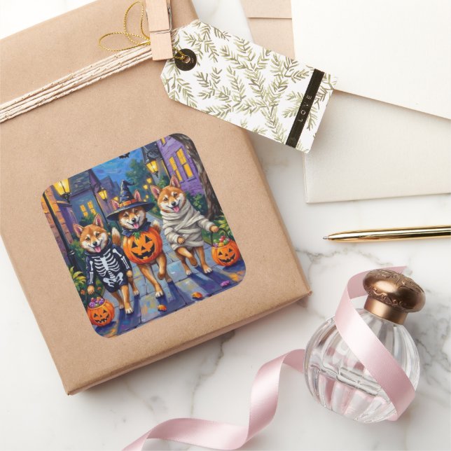 Shiba Inu Dogs in Halloween Costumes Quadratischer Aufkleber (Schenken)