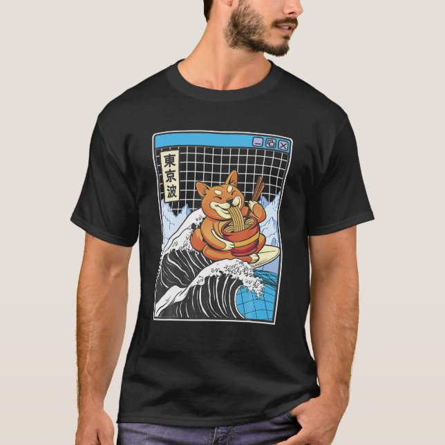 Shiba Inu Eating Ramen Surfing Kanagawa Wave Japan T-Shirt (Vorderseite)