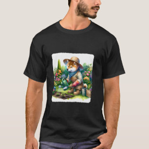 Shiba Inu Gärtner pflanzt Blumen im Garten. Hund T-Shirt