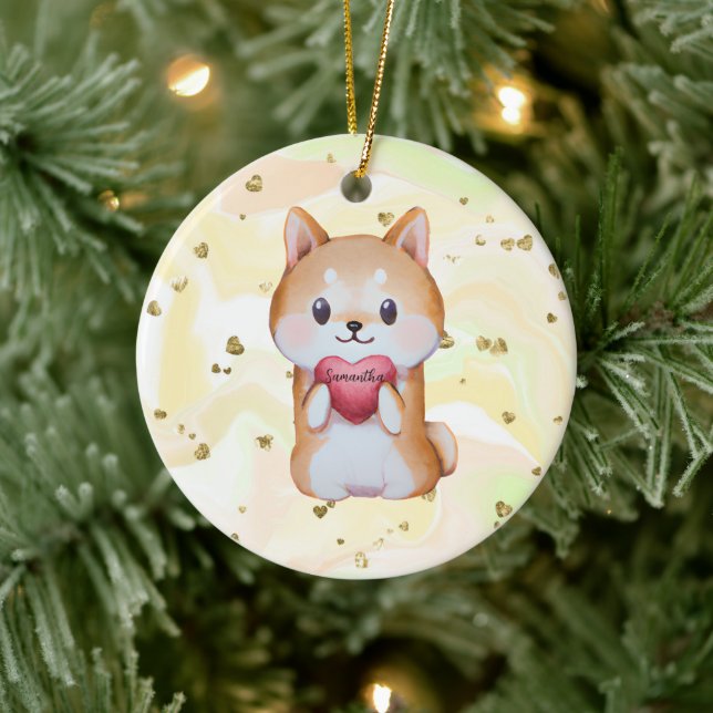 Shiba Inu hält ein Herz Keramik Ornament (Baum)