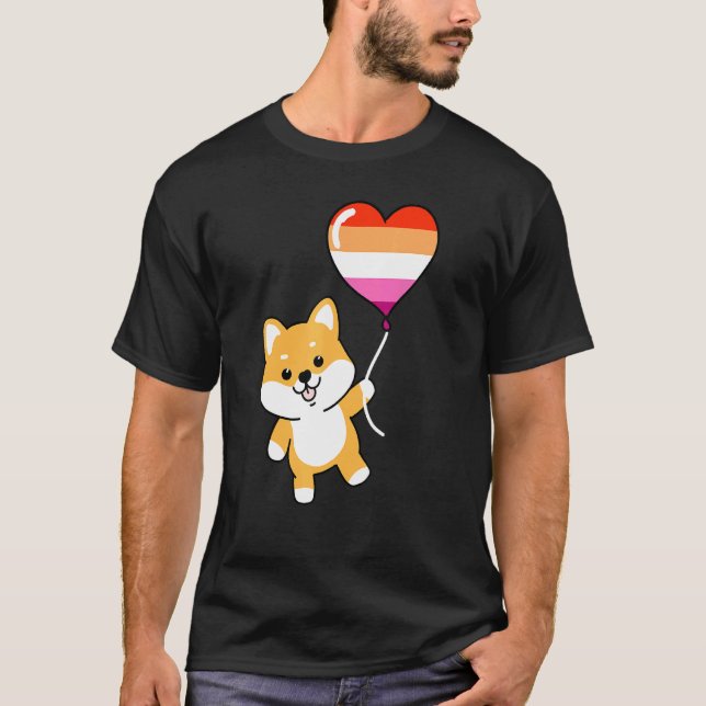 Shiba Inu Heart Balloon Orange Pink Lesbian 1 T-Shirt (Vorderseite)