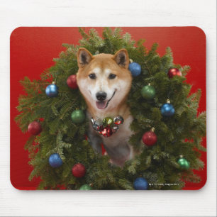 Shiba Inu Hund, der im WeihnachtsKranz sitzt Mousepad