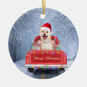 Shiba Inu Hund im Schnee sitzen im Weihnachtswagen Keramik Ornament