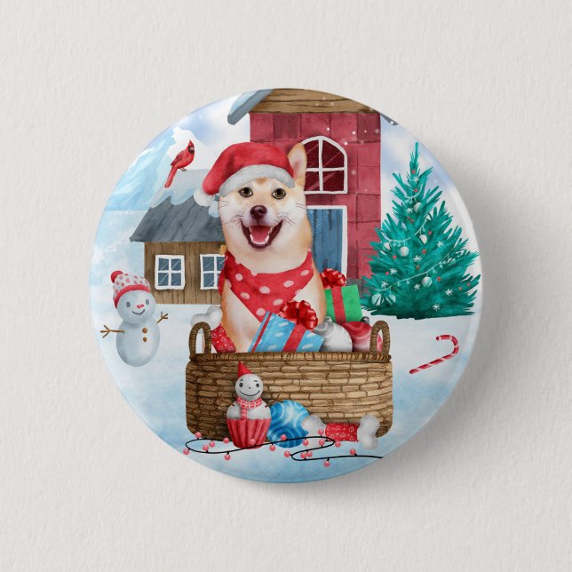 Shiba Inu Hund im Schnee Weihnachtshunde Haus Button (Vorderseite)