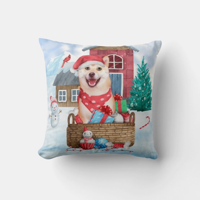 Shiba Inu Hund im Schnee Weihnachtshunde Haus Kissen (Vorderseite)