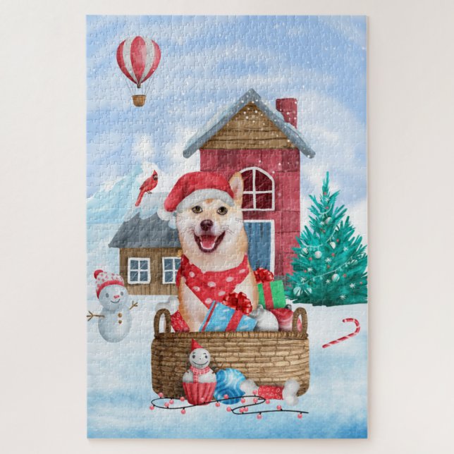 Shiba Inu Hund im Schnee Weihnachtshunde Haus Puzzle (Vertikal)