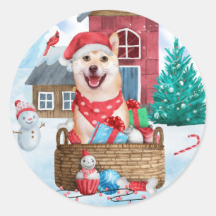 Shiba Inu Hund im Schnee Weihnachtshunde Haus Runder Aufkleber