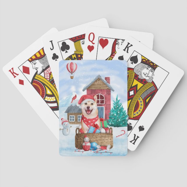 Shiba Inu Hund im Schnee Weihnachtshunde Haus Spielkarten (Rückseite)