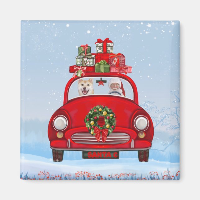 Shiba Inu Hund in Auto mit dem Weihnachtsmann Magnet (Vorne)