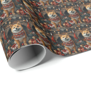 Shiba Inu Hund mit Weihnachtsgeschenken Kamin Geschenkpapier