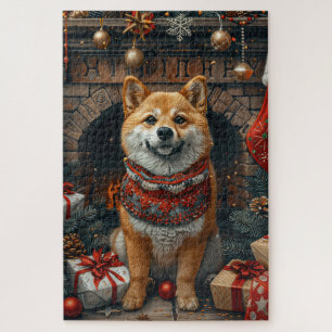 Shiba Inu Hund mit Weihnachtsgeschenken Kamin Puzzle