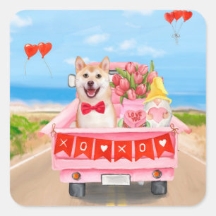 Shiba Inu Hund Valentinstag LKW Herzen Quadratischer Aufkleber