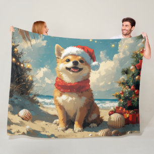Shiba Inu Hund Weihnachten Vintage Strand Fleecedecke