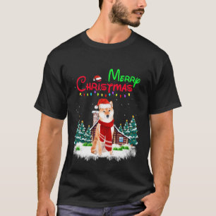 Shiba Inu Hund Weihnachtsmann Hut Weihnachtslichte T-Shirt
