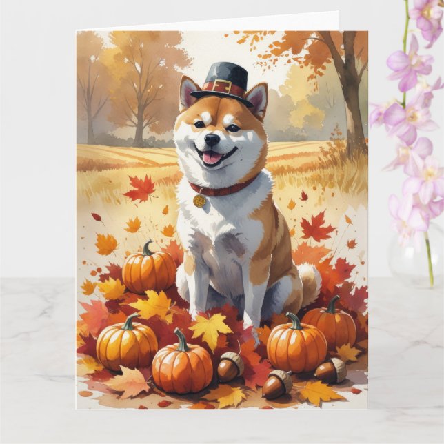 Shiba Inu im Herbst hinterlässt Erntedank Kunst Karte (Orchidee)