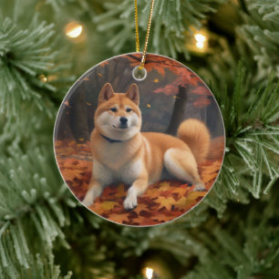 Shiba Inu im Herbst inspiriert durch fallende Blät Keramik Ornament