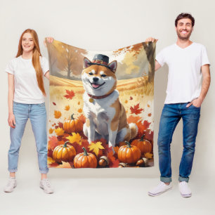 Shiba Inu im Herbstlaub Erntedank Kunst Fleecedecke