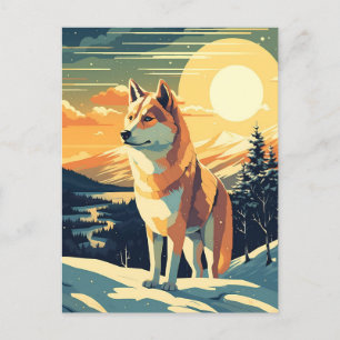 Shiba Inu im schneebedeckten Gebirge bei Sonnenunt Postkarte