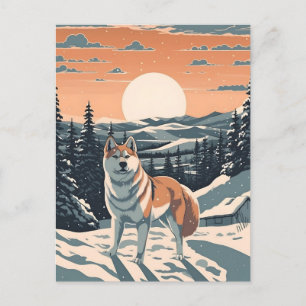 Shiba Inu im schneebedeckten Gebirge bei Sonnenunt Postkarte