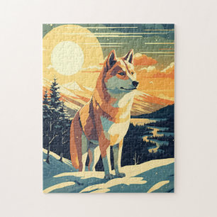 Shiba Inu im schneebedeckten Gebirge bei Sonnenunt Puzzle