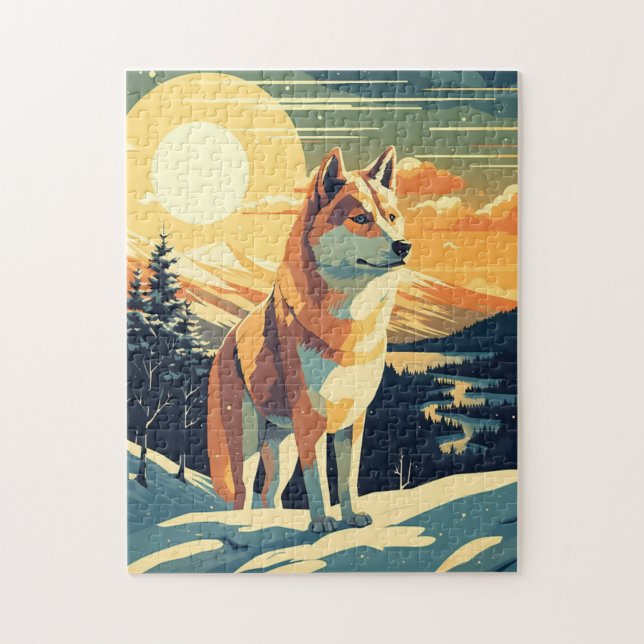 Shiba Inu im schneebedeckten Gebirge bei Sonnenunt Puzzle (Vertikal)