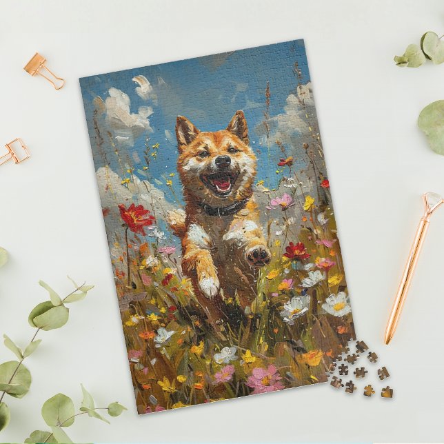 Shiba Inu im Wildblumenfeld Puzzle (Von Creator hochgeladen)