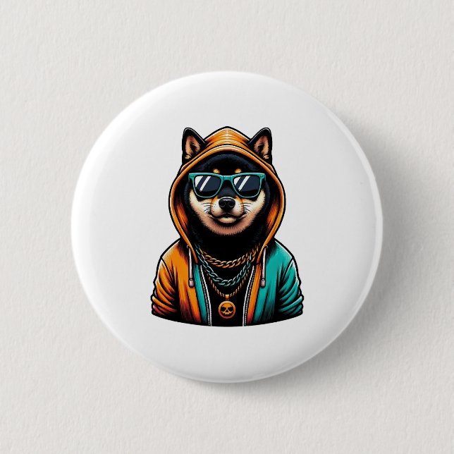 Shiba Inu in Streetwear-Kapuzenpullover Button (Vorderseite)