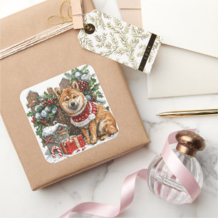 Shiba Inu in Sweater von der Schneebedeckten Mailb Quadratischer Aufkleber