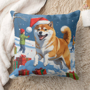 Shiba Inu läuft im Schnee mit Weihnachtsmütze Kissen