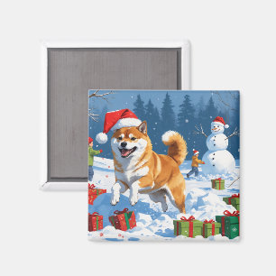 Shiba Inu läuft im Schnee mit Weihnachtsmütze Magnet