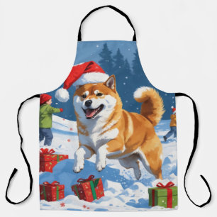 Shiba Inu läuft im Schnee mit Weihnachtsmütze Schürze