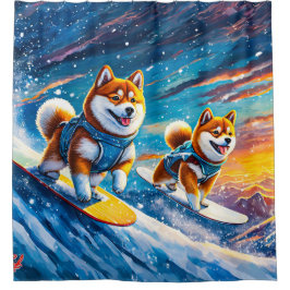 Shiba Inu on Snowboards Design von Rich AMeN Gill Duschvorhang