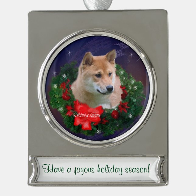 Shiba Inu Personalisiert Weihnachten Banner-Ornament Silber (Vorderseite)