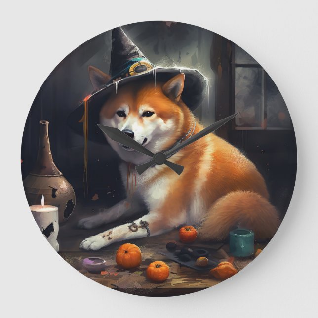 Shiba Inu Pumpkins Halloween Beängstigend Große Wanduhr (Vorderseite)